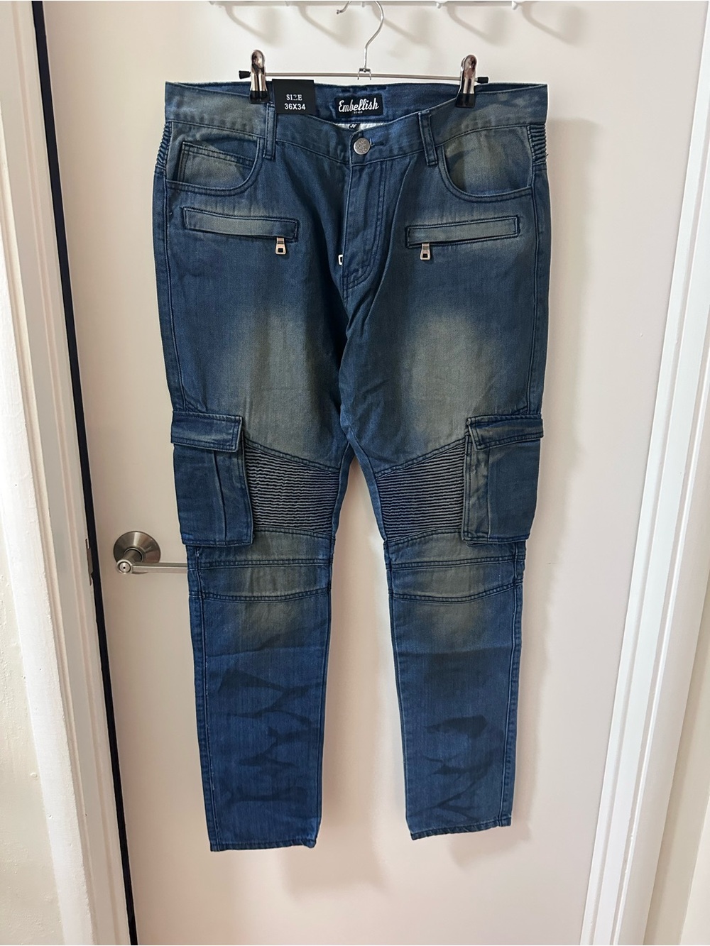 Embellish Men's Blue Cargo Biker Jeans